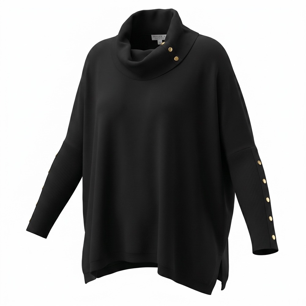 Joseph A Women Black Cowl Neck Poncho Sweater Gold Button Ribbed Sleeve S